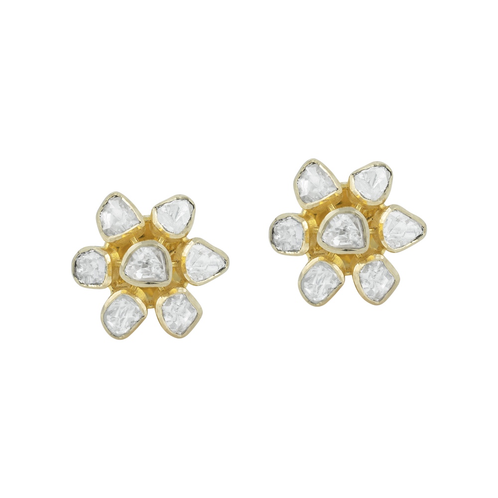 Six-Petal Polki Floral Studs in Open Setting